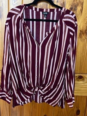 a.n.a Burgundy and White Striped Button-Front Tie-Hem Shirt